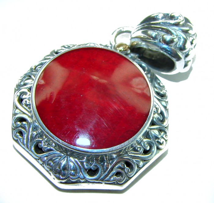 Bright Energy Authentic Coral .925 Sterling Silver Bali handmade pendant - Close-up of Bright Energy Coral pendant in .925 sterling silver Bali setting