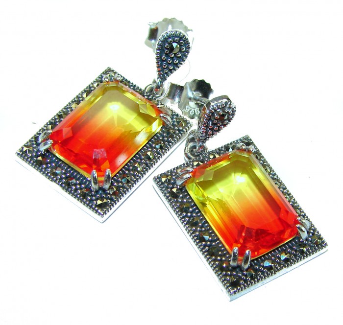 Tiffany 17.5 carat Ametrine Marcasite .925 Sterling Silver HANDCRAFTED Earrings - Close-up of Ametrine and Marcasite sterling silver earrings.