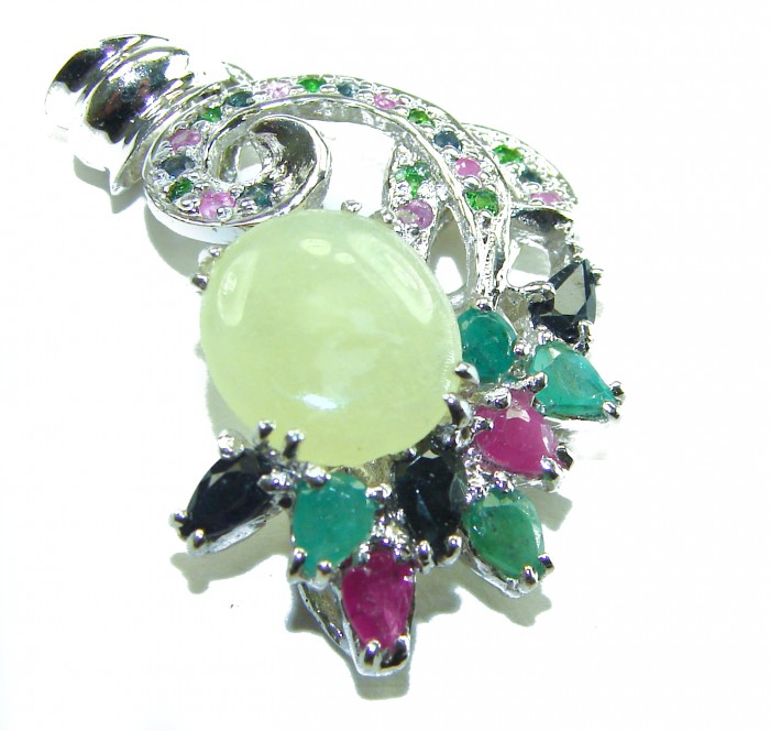 Wise Bliss Authentic 14.6 carat Prehnite .925 Sterling Silver handmade Pendant - Close-up of Wise Bliss 14.6 ct Prehnite pendant in sterling silver.