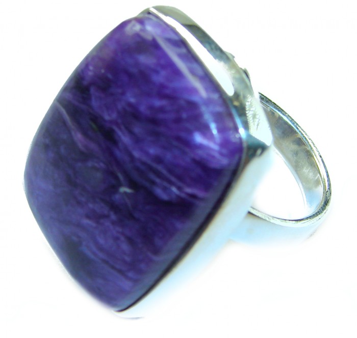 Large Natural Siberian Charoite .925 Sterling Silver handcrafted Large ring size 8 adjustable - Close-up of Siberian Charoite ring in .925 Sterling Silver setting.