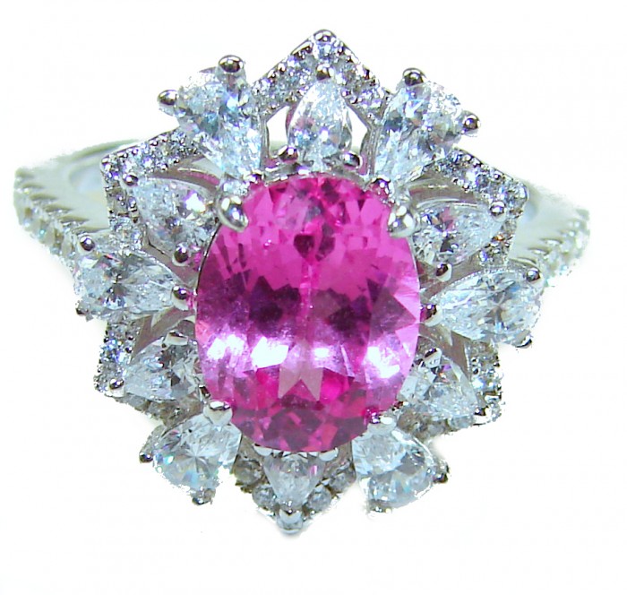 Blooming Beauty 5.8 carat Pink Sapphire .925 Silver handcrafted Cocktail Ring s. 6 1/4 - Close-up of Blooming Beauty pink sapphire ring in .925 silver setting.