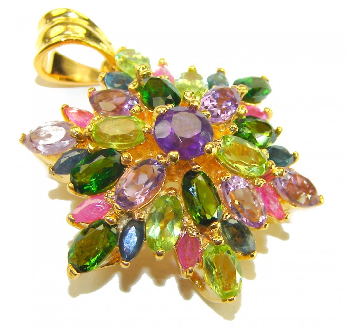 Vintage Design Genuine 15.5 carat precious Amethyst .925 Sterling Silver dipped in 18K Gold handmade Pendant - Colorful gemstone pendant, top view, vivid arrangement of stones.