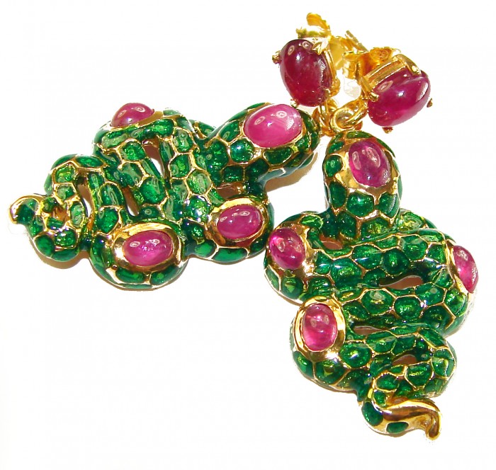 Green Snakes Genuine Enamel Ruby 18K Gold over .925 Sterling Silver handcrafted Earrings - Gold and enamel snake earrings with rubies, top view.