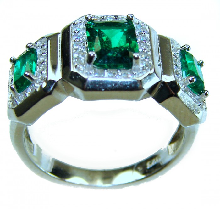 Natural 8.6 carat Chrome Diopside .925 Sterling Silver Reversible ring size 6 1/4 - Three-stone ring side view with chrome diopside in sterling silver.