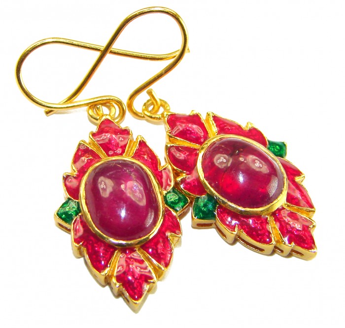 Countless Blessings Genuine 7.5 carat Authentic Ruby enamel 18K Gold over .925 Sterling Silver handcrafted earrings - Close-up of ruby earrings with red and green enamel details.