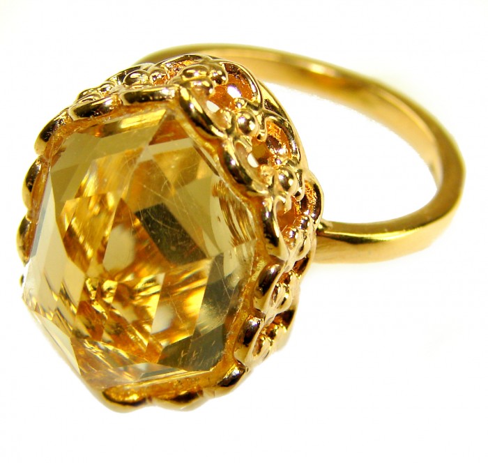 Golden Rose Natural 28.4 carat Golden Topaz 18K Gold over .925 Sterling Silver handmade Large Statement Ring size 10 - Close-up of 28.4 carat golden topaz ring in 18K gold setting