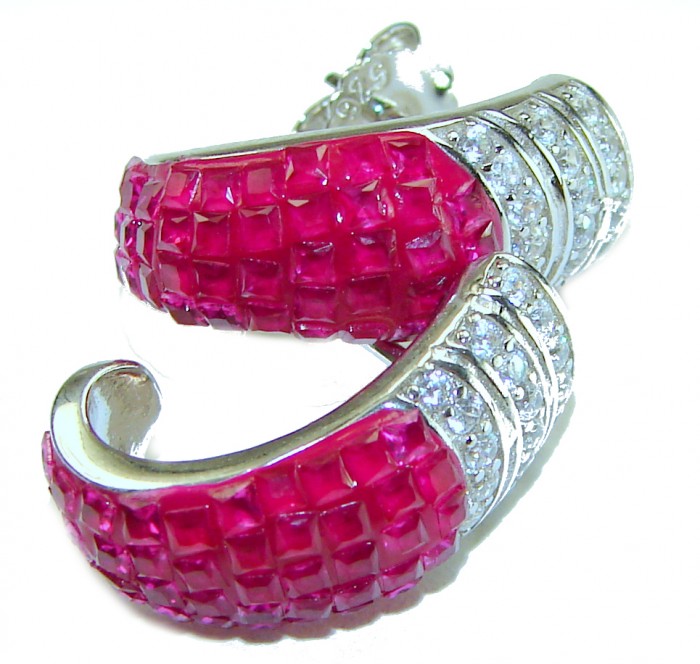 Real Beauty natural mystery setting 14.2 carat Ruby .925 Sterling Silver handcrafted earrings - Close-up of Real Beauty Ruby mystery setting earrings with diamonds