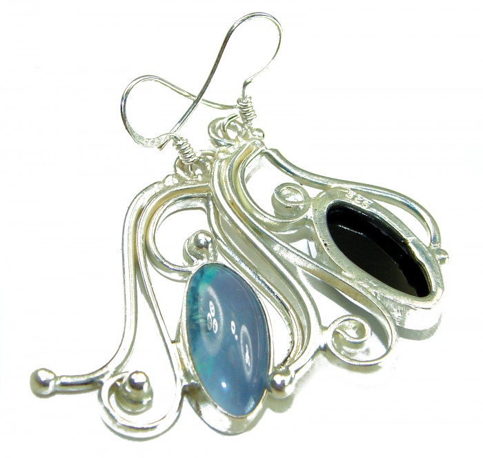 25.8 carat Australian Doublet Opal .925 Sterling Silver handcrafted earrings - Close-up of Australian Doublet Opal earrings in sterling silver.
