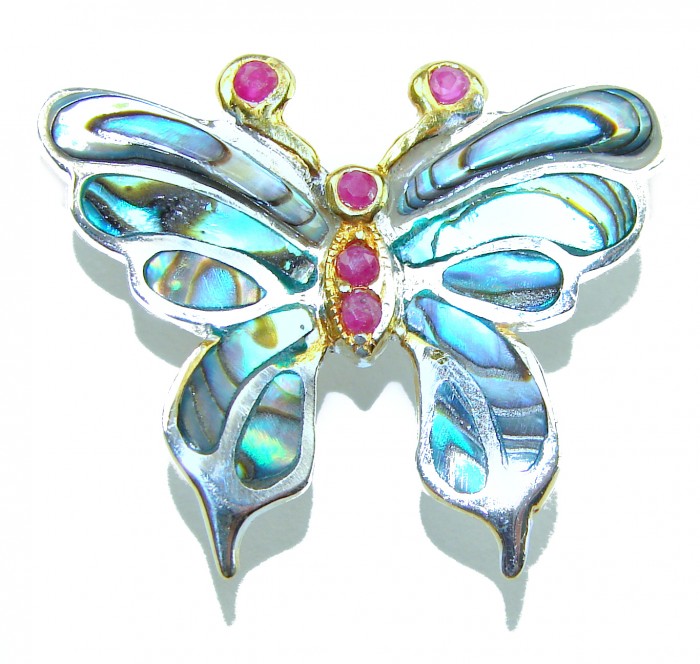 BUTTERFLY Natural Rainbow Abalone .925 Sterling Silver handmade Pendant - Butterfly brooch with abalone inlay and pink stones, top view.