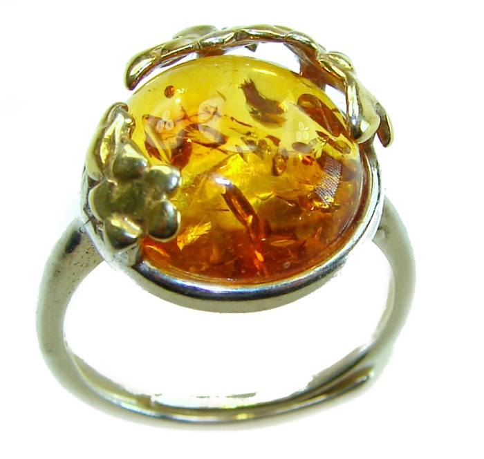 Authentic Baltic Amber .925 Sterling Silver handcrafted ring; s. 6 adjustable - Amber ring in sterling silver, top view, floral detailing