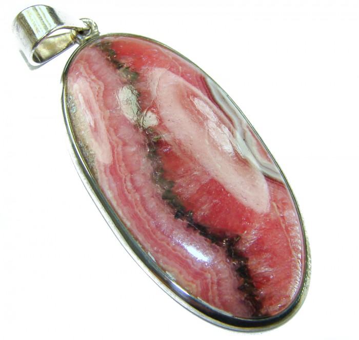 Genuine Argentinian Rhodochrosite .925 Sterling Silver handmade Pendant - Close-up of Argentinian Rhodochrosite pendant in .925 Sterling Silver