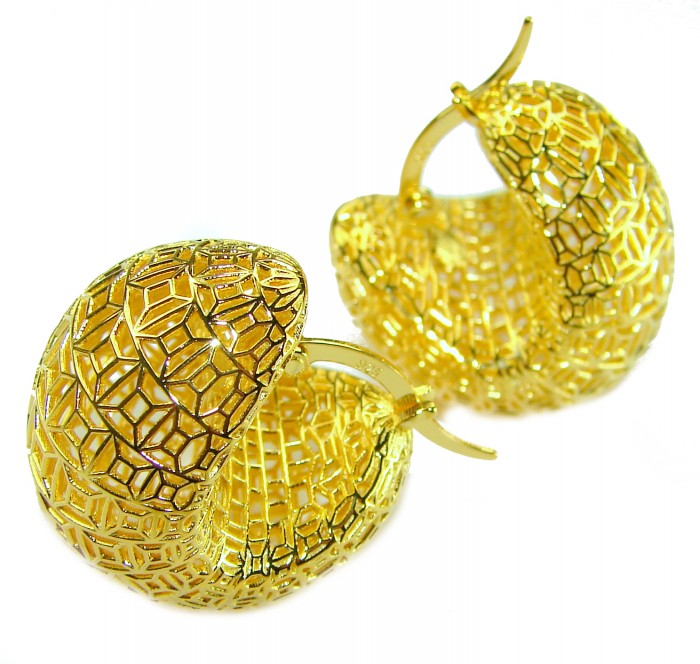 Dubai Style - Golden Flowers .925 Sterling Silver dipped in 22K Gold handmade Large Earrings - Golden hoop earrings, intricate pattern, side view.