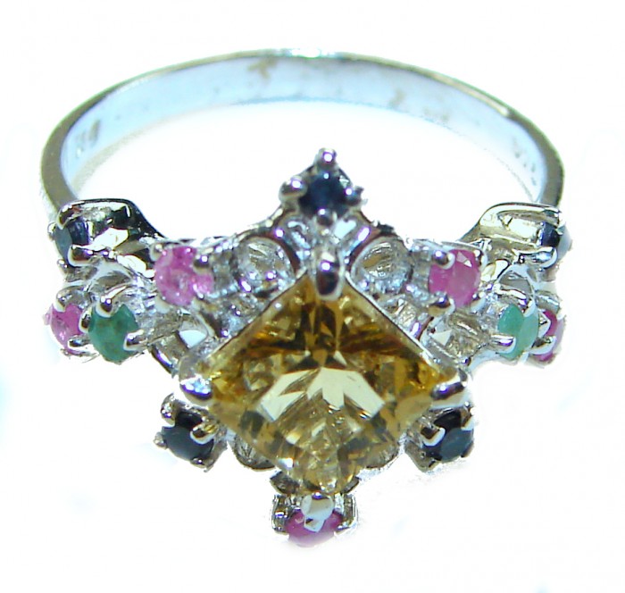 Golden Treasure 4.5 carat Citrine Amethyst .925 Sterling Silver Handcrafted Ring size 7 - Close-up of Golden Treasure Citrine Amethyst ring on sterling silver.