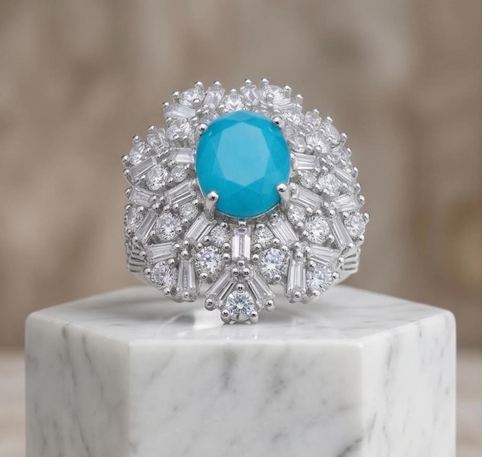 Ginevra Authentic 3.6 carat AQUAMARINE .925 Sterling Silver handcrafted Ring size 7 1/2 - Front view of aquamarine ring with diamond accents on marble surface