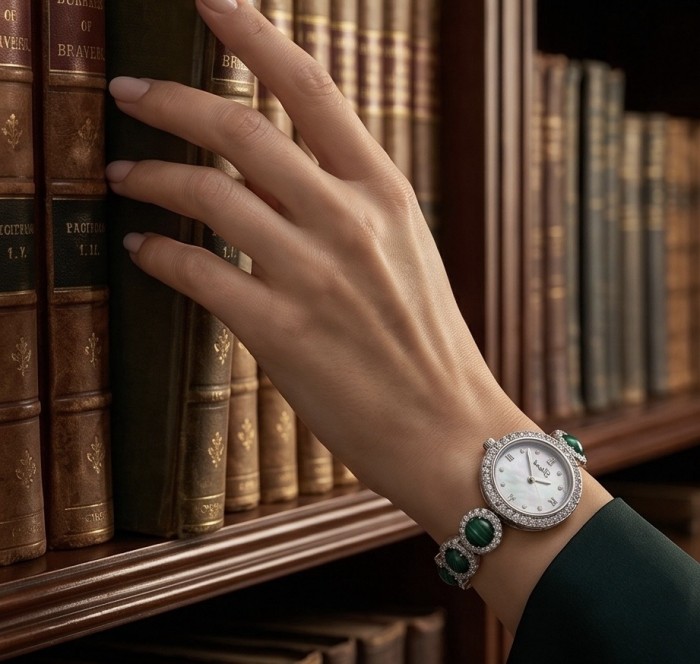 Precious Authentic Malachite .925 Sterling Silver handmade Bracelet Watch - Hand wearing malachite and silver watch in front of a bookshelf.
