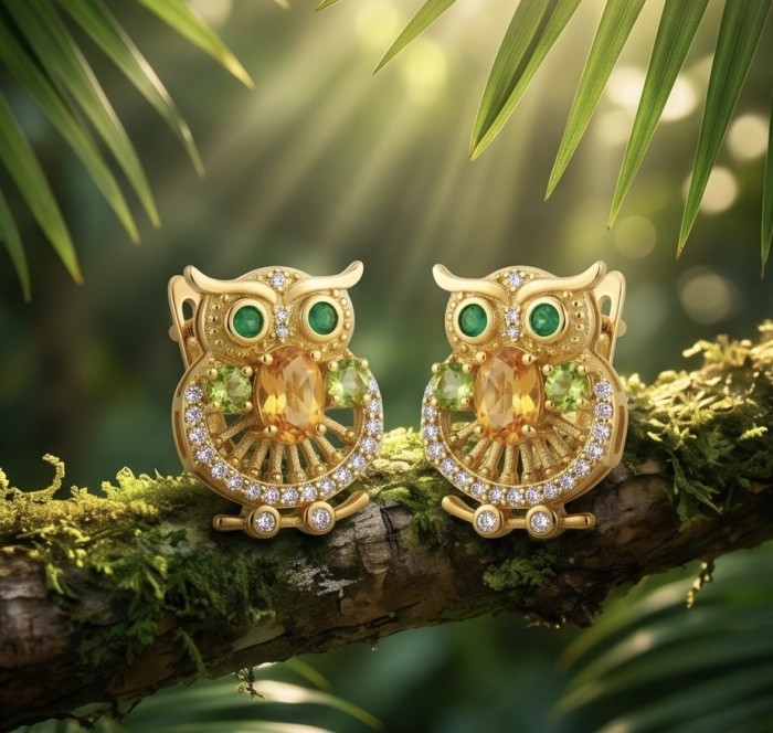 Wisdom - Natural 3.2 carat Citrine Emerald .925 Sterling Silver dipped in 18K Gold handmade Owl earrings - Golden owl earrings with citrine, emeralds, on a mossy branch, front view.