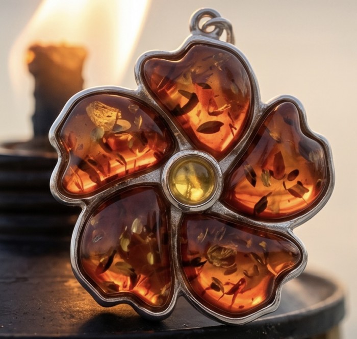 Serenity - Authentic Baltic Amber .925 Sterling Silver handcrafted earrings - Close-up of flower-shaped Baltic amber pendant with sterling silver trim