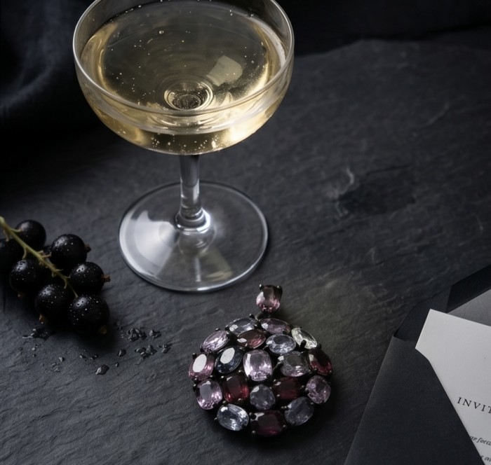 Colors of the Earth Precious Multigem .925 Sterling Silver dipped in black rhodium Pendant - Top view of multigem pendant with champagne glass and grapes nearby
