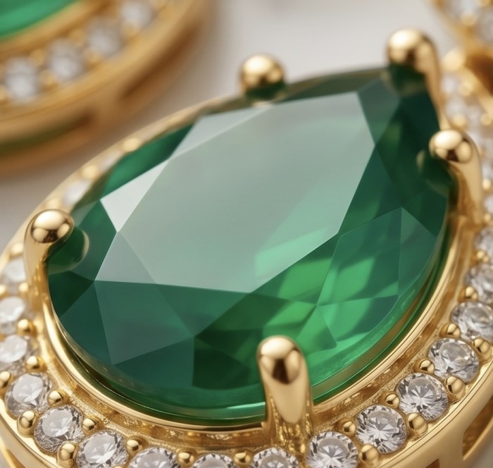 Giovanna - Authentic 10.9 carat COLOMBIAN EMERALD .925 Sterling Silver dipped in 22K Gold handcrafted earrings - Close-up of gold and diamond setting with green emerald stone