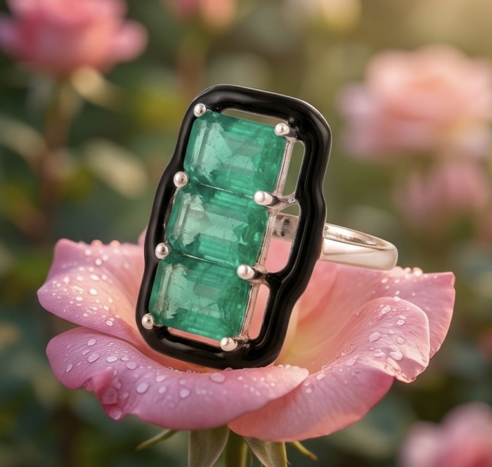 Art Deco 8.2 carat Colombian Emerald black enamel .925 Sterling Silver handcrafted Ring size 7 - Emerald and enamel ring on rose, showcasing stone and band close-up.