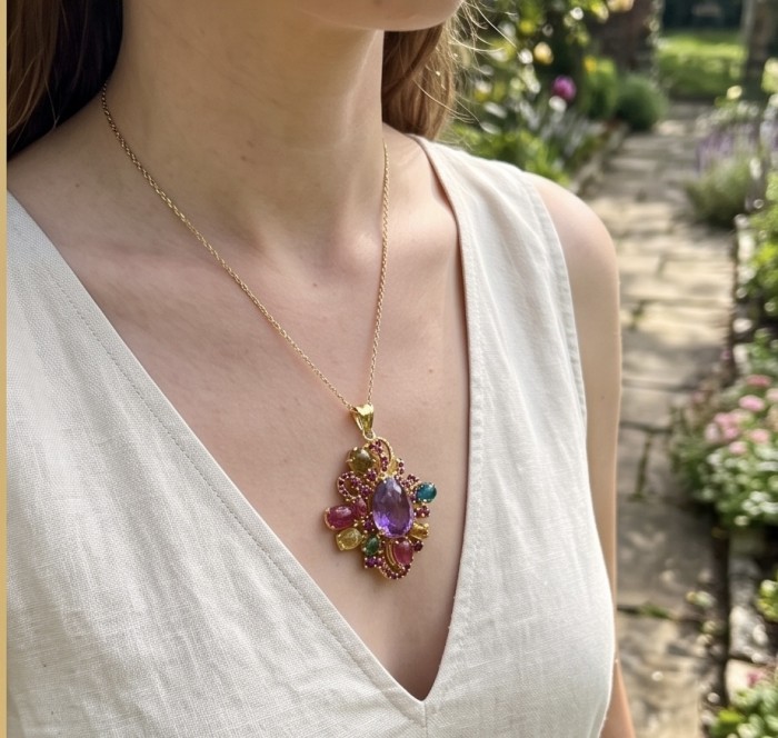 Divine Protection 25.8 carat Precious Amethyst .925 Sterling Silver dipped in 18K Gold handcarfted Pendant - Amethyst necklace worn, front view in garden.