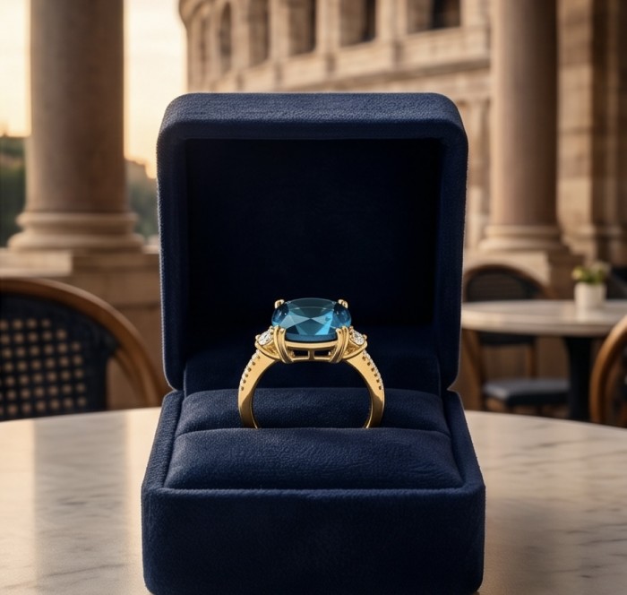 Atlantica fancy asscher cut 10.9 carat authentic London Blue Topaz 22K Gold over .925 Sterling Silver Handcrafted Ring size 8 - Luxurious gold ring with blue gemstone in navy velvet box, front view.