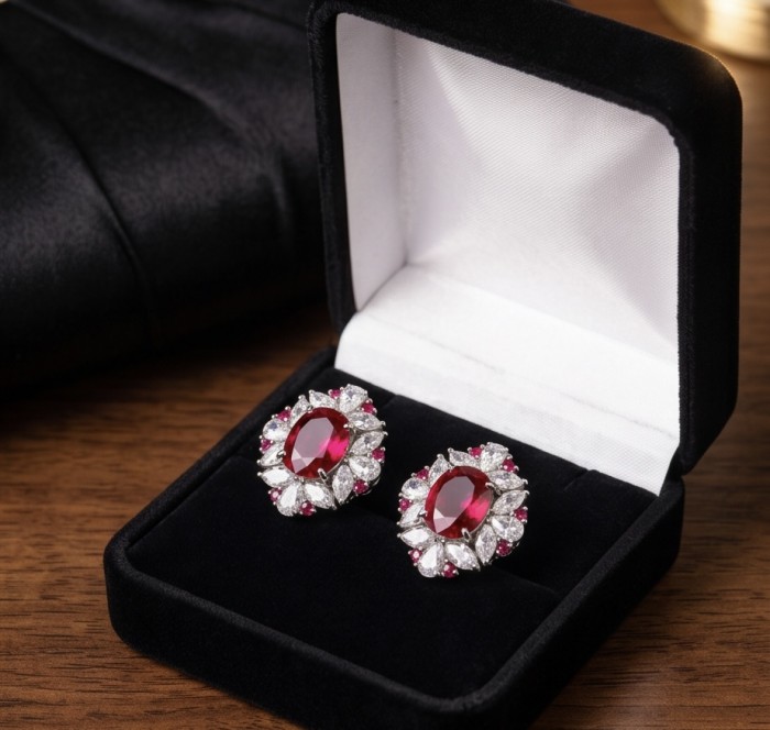 Precious - 10.2 carat Mozambique Ruby .925 Sterling Silver handmade earrings - Ruby earrings in open box, top view, 10.2 ct Mozambique Ruby, Sterling Silver