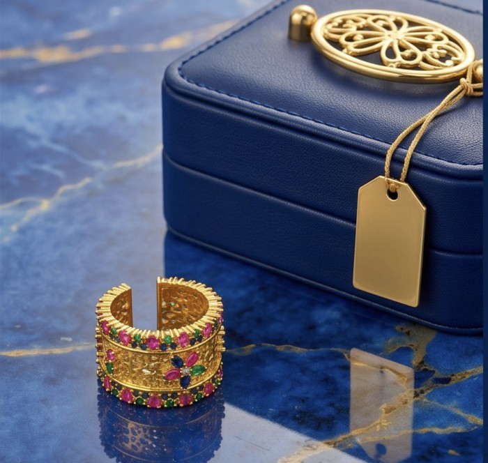 Byzantine design Authentic Ruby 14K Gold over .925 Sterling Silver handmade Ring s. 7 adjustable - Byzantine ruby ring and blue box on marble surface, side view.