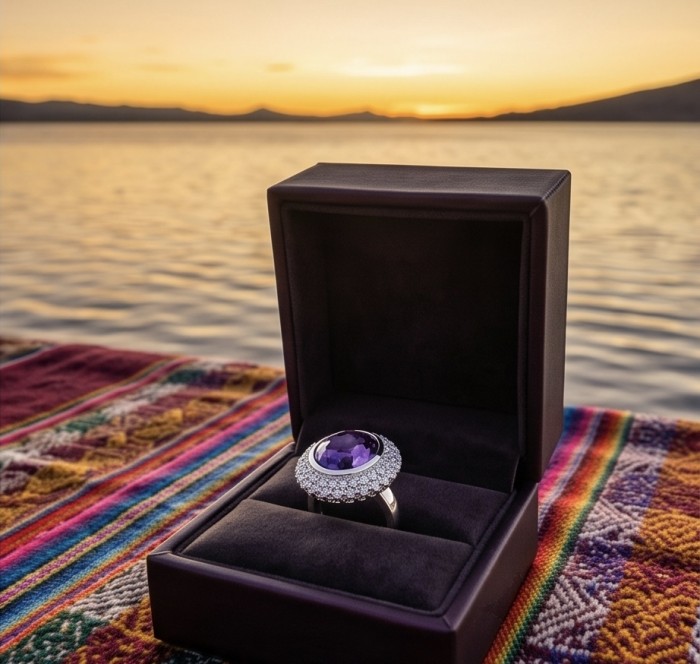 Vintage Beauty - fancy roud cut 14.5 carat Amethyst .925 Sterling Silver dipped in rhodium Handcrafted Large Ring size 5 - Amethyst ring in box at sunset, lake in background, on colorful fabric.