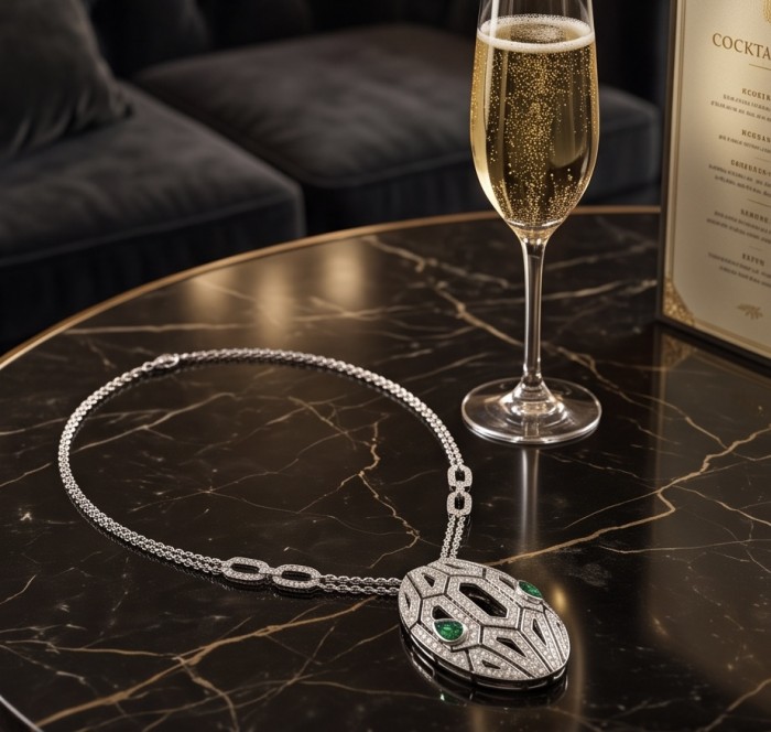 Great Masterpiece Snake's Head genuine 4.1 carat Colombian Emerald .925 Sterling Silver handmade necklace - Diamond necklace with emeralds on table beside champagne glass