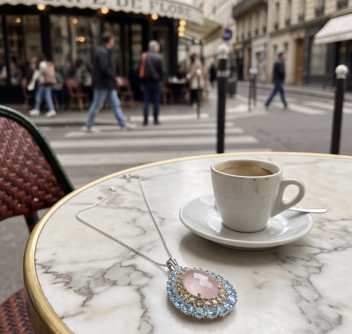 Scarlett 55.8 carat Brazilian Rose Quartz rhodium over .925 Sterling Silver handcrafted Statement Pendant - Rose quartz pendant on table next to espresso cup, street in background.