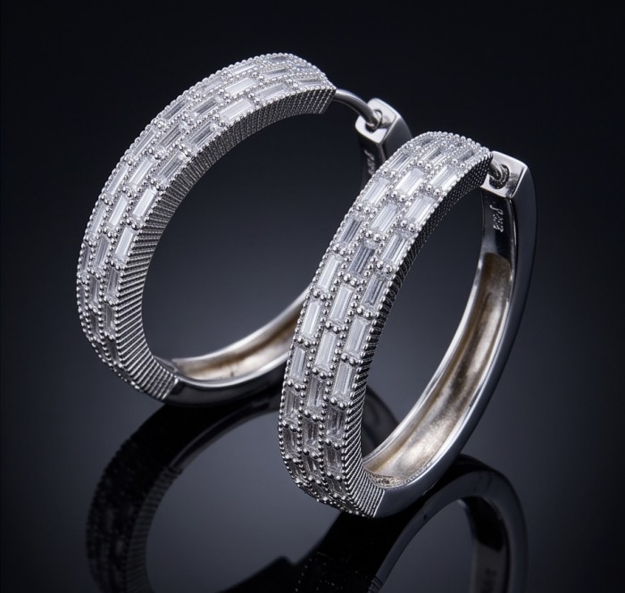 Allure Natural 10.2 carat White Topaz .925 Sterling Silver handcrafted hoop earrings - Hoop earrings with white topaz, side view, sterling silver detailing.