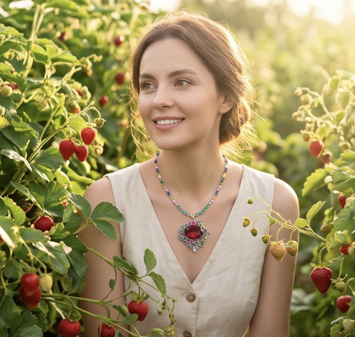 DEVOTION - 27.5 carat Pink Topaz RHODIUM over .925 Silver handcrafted Statement necklace - Woman in garden wearing DEVOTION pink topaz necklace, full view.