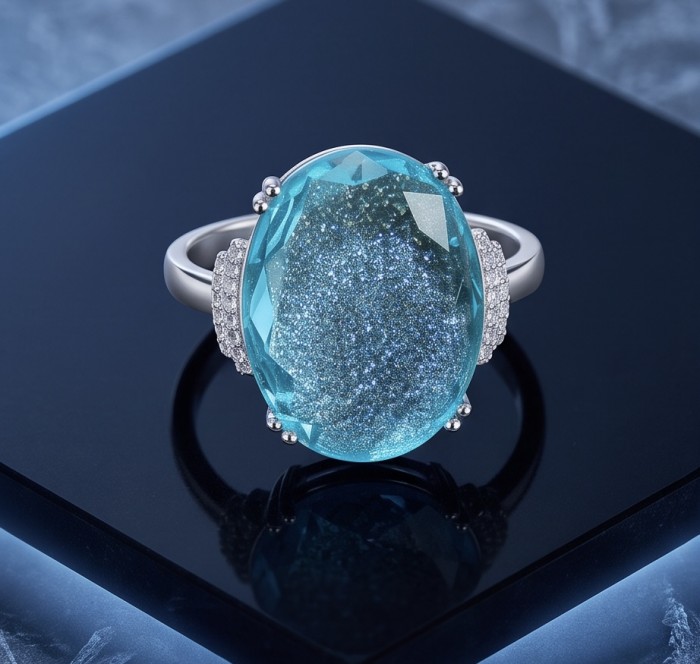Angelina 14.9 carat authentic Aquamarine .925 Sterling Silver Handcrafted Ring size 8 - Close-up of Angelina 14.9 carat Aquamarine ring on black background