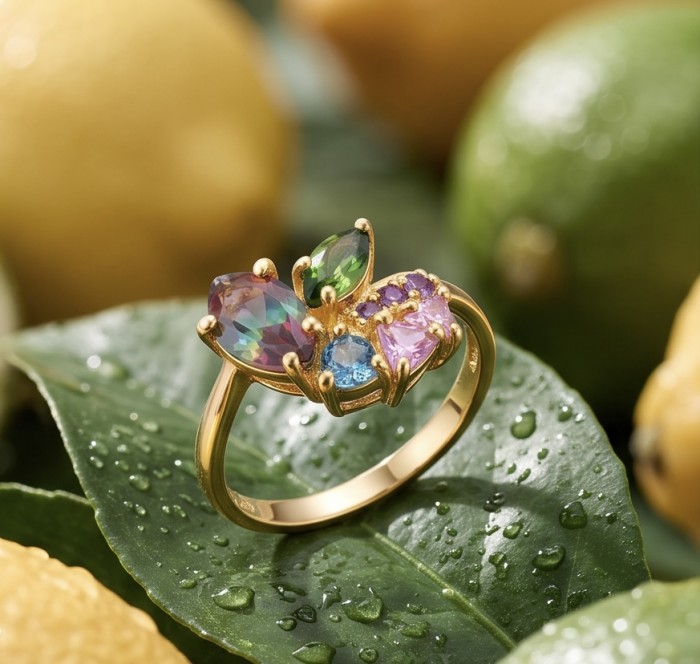 Juicy Gems 5.8 carat Multigem 18K Gold over .925 Sterling Silver Handcrafted Ring size 8 - Juicy Gems multicolor ring close-up on dewy leaves background