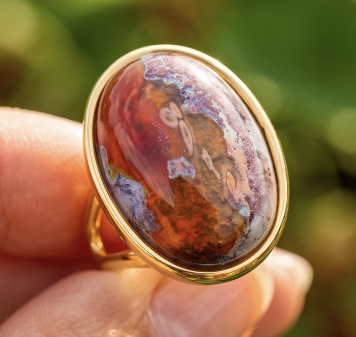 Bonfire Night best quality 21.4 carat Mexican Opal 18K Gold over .925 Sterling Silver handmade ring 8 - Close-up of 21.4 carat Mexican Opal ring in 18K gold setting.