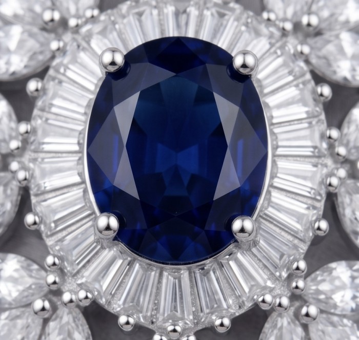 Vintage Beauty 4.7 carat Sapphire Rhodium over .925 Sterling Silver handcrafted pendant - Close-up of 4.7 carat sapphire with diamond setting in sterling silver.