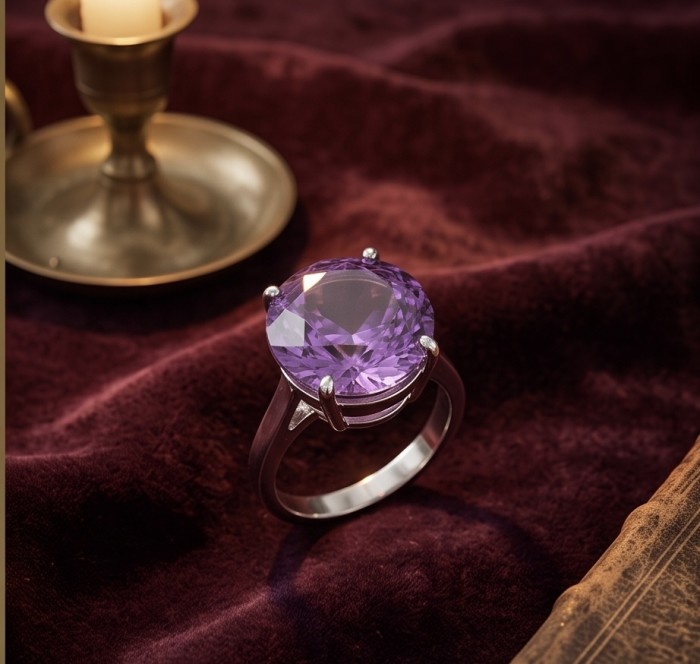 Born to Glam 10.2 carat natural Amethyst .925 Sterling Silver dipped in rhodium Perfectly handcrafted Ring s. 6 - Amethyst ring on velvet, stone close-up, candle in background