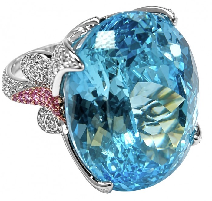 Pacifica - Authentic 30.8 carat Swiss Blue Topaz Rhodium over .925 Sterling Silver handcrafted Large Statement ring size 7 1/4 - Close-up of Swiss Blue Topaz ring with intricate detailing