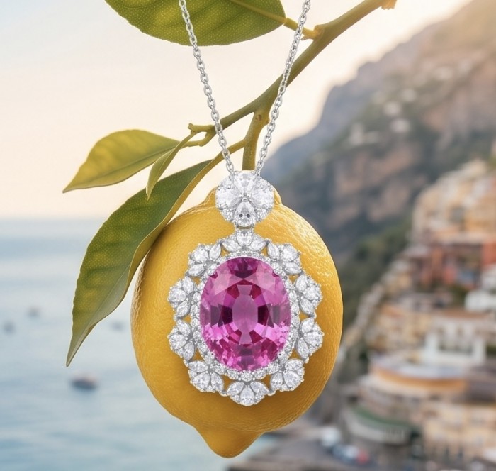 Tiffany Incredible oval cut 20.4 carat Pink Sapphire .925 Sterling Silver handcrafted pendant - Pink sapphire necklace on lemon branch, coastal background
