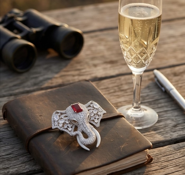 Attract YOUR Luck - ELEPHANT- 5.2 CARAT Ruby .925 Sterling Silver dipped in rhodium handcrafted Pendant Brooch - Elephant brooch with ruby on journal, champagne glass and pen in background.
