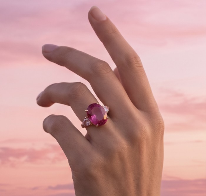 Pink Rhapsody Natural 21.6 carat Pink Sapphire .925 Sterling Silver dipped in 18K Rose Gold handmade Statement Ring size 8 1/4 - Hand with Pink Rhapsody Sapphire Ring against a pink sky background