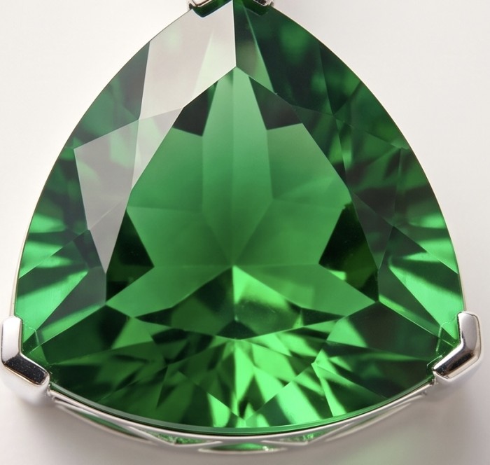 Trillion Cut Perfect 29.5 carat Volcanic Helenite .925 Sterling Silver handcrafted Pendant - Close-up of trillion cut 29.5 carat Volcanic Helenite in .925 silver setting.