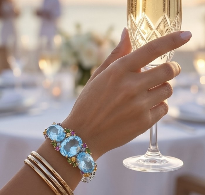 PACIFICA - 25.8 carat Swiss Blue Topaz 10.2 carat Sapphire 18K Rose Gold over .925 Sterling Silver handmade bangle Bracelet - Worn on hand with Pacifica blue topaz and sapphire bracelet, holding glass.