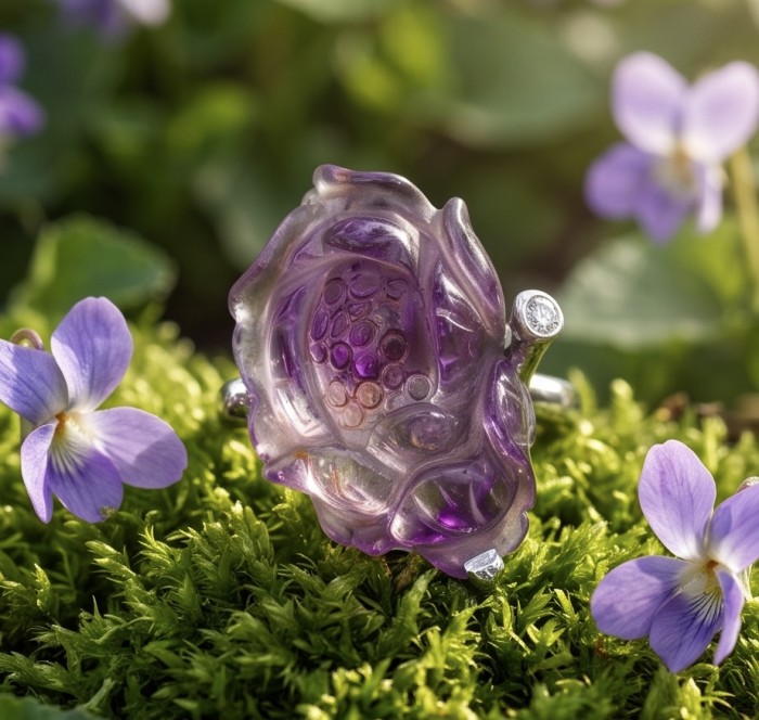 Carved Flower 15.5 carat natural Amethyst .925 Sterling Silver Handcrafted Ring size 8 1/4 - Close-up of carved amethyst flower ring on moss with violets.