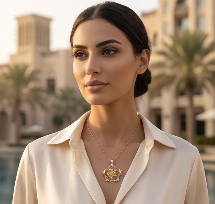 Dubai Style - Blooming Golden Rose .925 Sterling Silver dipped in 22K Gold handmade Pendant - Elegant necklace worn, showcasing golden rose on sterling silver backdrop