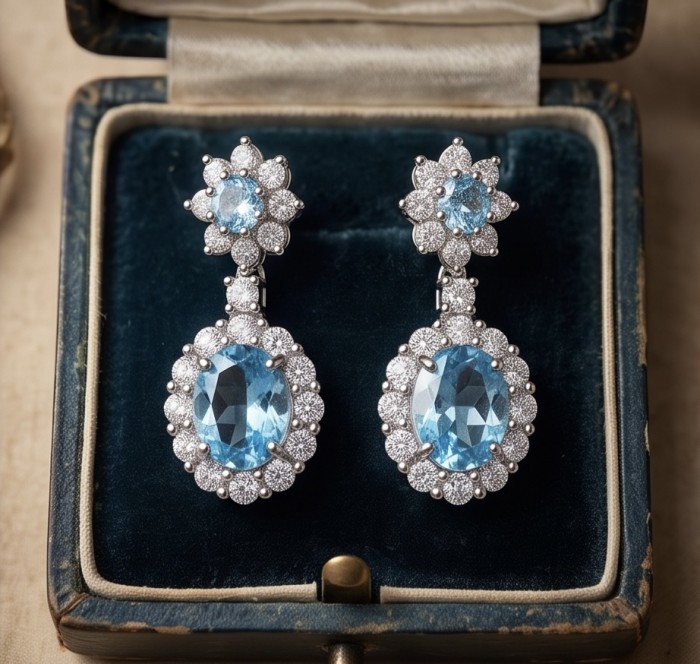 Royalty 9.5 carat genuine Swiss Blue Topaz .925 Sterling Silver handmade Statement Handcrafted earrings - Blue topaz earrings in display box, front view, with detailed stones.