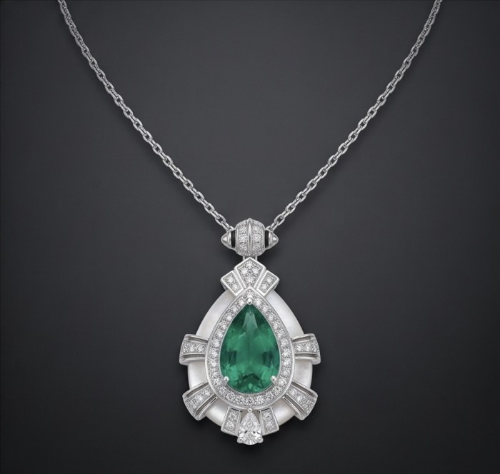 Vintage style - 8.5 carat authentic Tsavorite Garnet .925 Sterling Silver handcrafted necklace - Vintage style Tsavorite Garnet necklace front view on black background.
