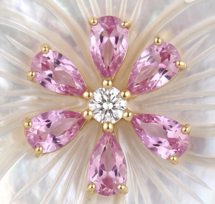 Genuine Blister Pearl 0.4 carat lab grown Diamond 18K Gold over .925 Sterling Silver handcrafted Statement Earrings - Close-up of pink gemstones and diamond in floral design, 18K gold setting.