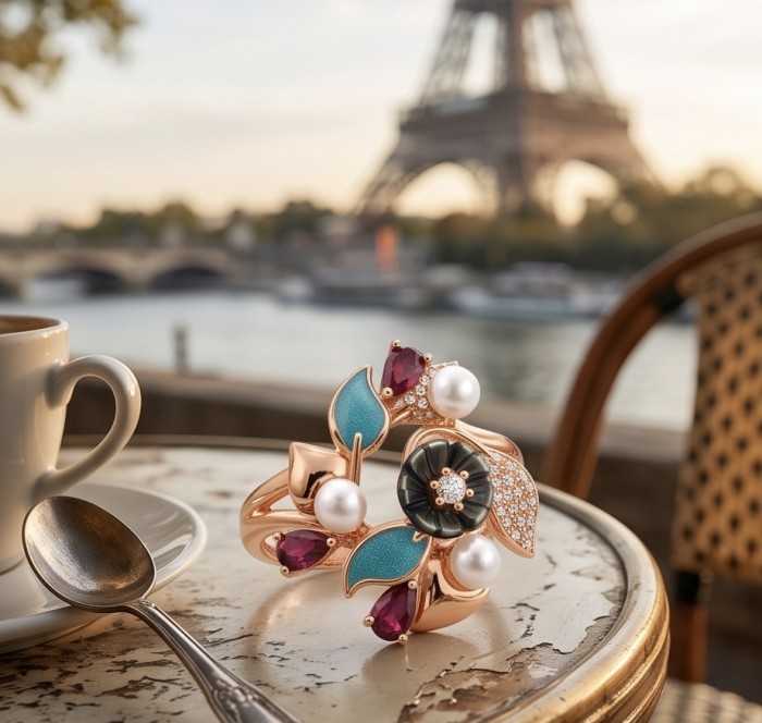 Masterpiece Authentic Pearl Enamel 18K Rose Gold over .925 Sterling Silver handcrafted Ring s. 9 - Close-up of floral 18K rose gold jewelry with enamel and pearls.